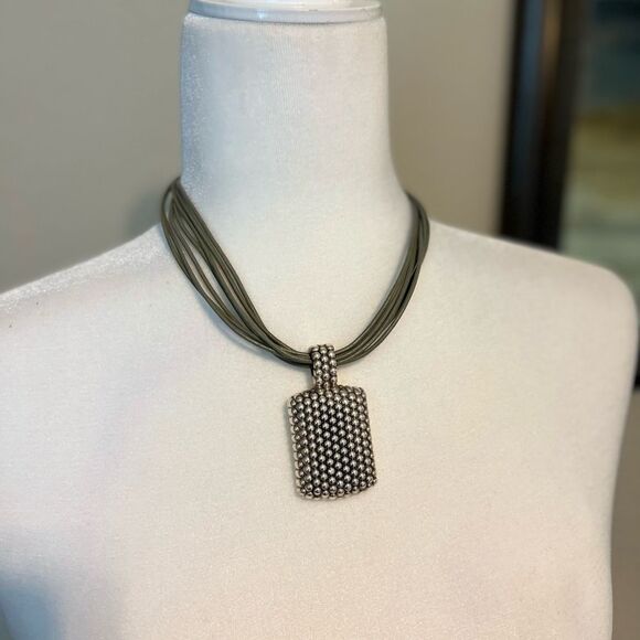Artisan Olive Leather and Stamped Silver Pendant Necklace - Picture 12 of 15